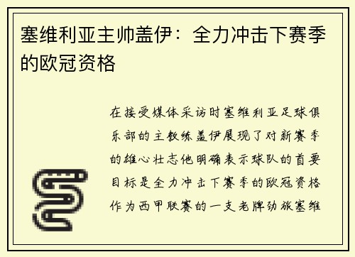 塞维利亚主帅盖伊：全力冲击下赛季的欧冠资格